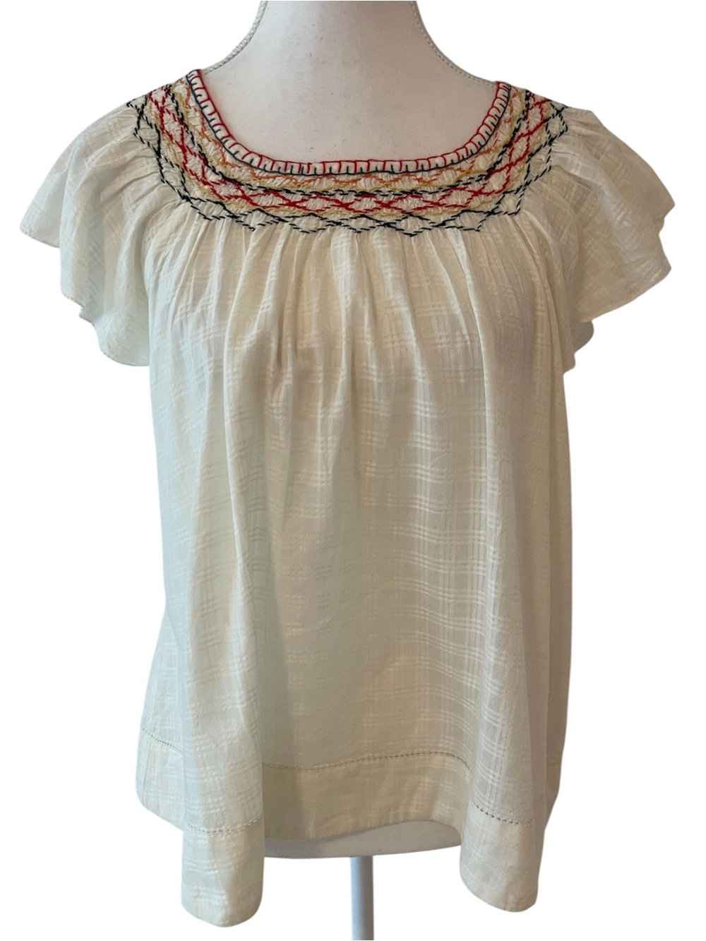 THE GREAT. Cream Embroidered Neck Blouse with Colourful Stitching Size 2 NWT